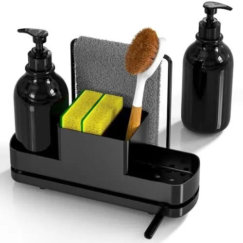 Produktbild: ISWUJIA Spülmittelspender Seifenspender Schwarz, Seifenspender Set für Küchenspüle, Badezimmer, Seifenspender Küche mit Pumpspender, Seifenspender mit küchen Organizer