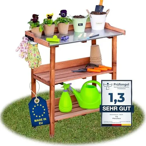 Produktbild: ITA Pflanztisch Premium - Pflanzentisch mit verzinkter Arbeitsplatte - Gärtnertisch aus Holz - Wetterfest - Made in EU - Direkt vom Hersteller - FSC Zertifiziert - Outdoor & Indoor - 76x38x89 cm Braun