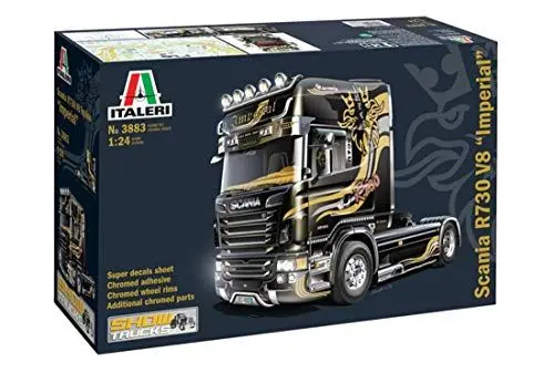 Produktbild: Italeri 553883 510003883 Scania R730 V8 Topline Imperial – hochdetaillierter Modellbausatz, inkl. Aufkleberbogen, unbemalt, Showtruck, 24,7 cm lang, Schwarz