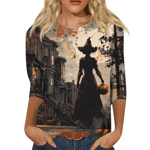 Produktbild: Italienische Mode Damen One Sitz, T Shirt 3/4 Arm Damen Halloween Kostüm Bluse Weiß Geist Top Model Rucksack Tunika mit Blutiges Bedrucktes Blusenshirt Beige 4XL