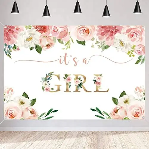 Produktbild: It's a Girl Babydusche Hintergrund Aquarell Rosa Blumen Baby Shower Fotografie Hintergrund Blume Baby Mädchen Party Dekorationen Party Banner Stoffschild Plakat