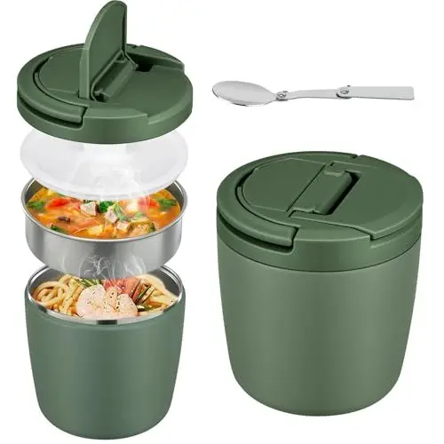 Produktbild: Itslife Thermobehälter für Essen 1400ml, Edelstahl Thermoschüssel mit Deckel, Thermo Lunchbox mit Löffel, Warmhaltebehälter Essen Auslaufsicheres für Suppen, Porridge, Babybrei, Grün