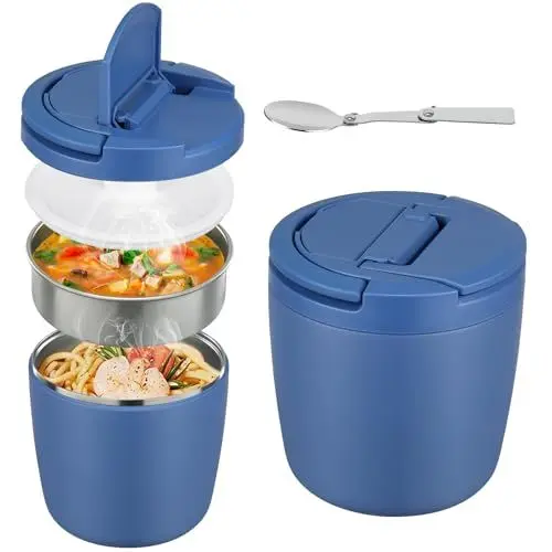 Produktbild: Itslife Thermobehälter für Essen 1400ml, Edelstahl Thermoschüssel mit Deckel, Thermo Lunchbox mit Löffel, Warmhaltebehälter Essen Auslaufsicheres für Suppen, Porridge, Babybrei, Blau