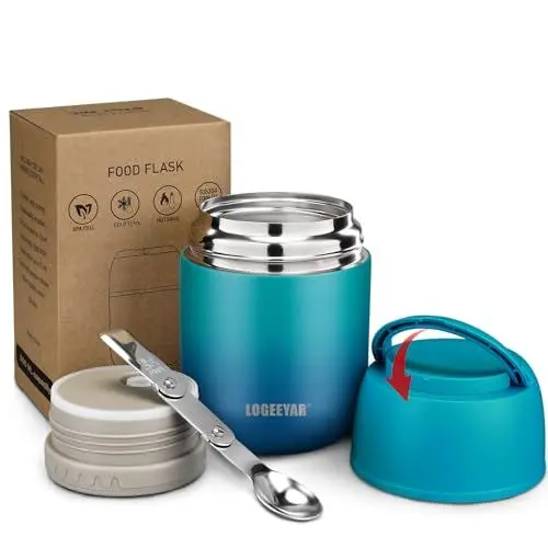 Produktbild: Itslife Thermobehälter für Essen 500ml Thermobehälter Edelstahl Warmhaltebehälter mit faltbaren Löffel, Thermo Lunchbox für Heißfutter Kinder Erwachsene für die Schule, Büro (Blau-Grün)