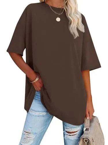 Produktbild: iudam Oversize T Shirt für Damen Rundhals Sommer Kurzarm Oberteile lässiges Tops Basic Casual Tee Shirts Bluse,Braun,3XL