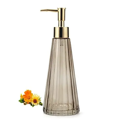 Produktbild: IVAILEX Handseifenspender aus Glas mit Goldfarbener Rostfreier Pumpe, Nachfüllbare Flüssigpumpflaschen für Küche und Bad (Braun)