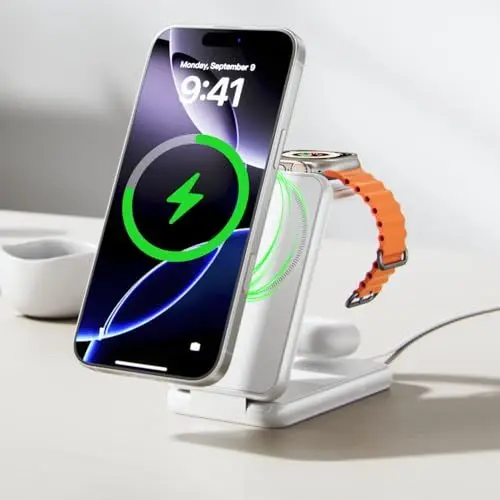 Produktbild: iVANKY für iPhone 17/16/15/14/13/12 Pro Max 3 in 1 Faltbare Wireless Ladestation Charger für Magsafe Magnetladegerät, Induktive Kabellose Ladegerät Schnellladung für iPhone/Apple iWatch Ultra/AirPods