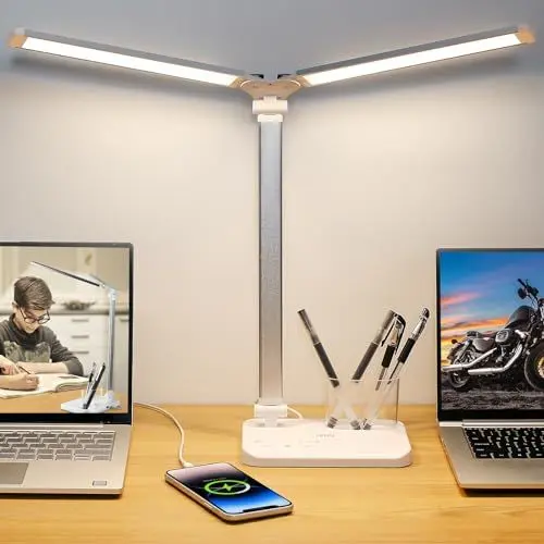 Produktbild: iVict Dual Swing Arm LED Schreibtischlampe, 5-Modi Touch Control Helligkeitsstufen Schreibtischlicht mit 45-Minuten Auto-Off Timer, USB-Ladeanschluss, Speicherfunktion, Schreibtischlampen für Kinder