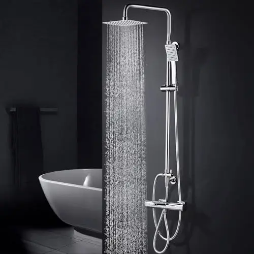 Produktbild: iVIGA Duschsystem mit thermostat, Edelstahl Duscharmatur Komplettset Regendusche Quadratisch-Overhead Duschset, 3 Strahlarten Duschkopf 90-121cm Höhenverstellbar, ABS Handbrause Chrom