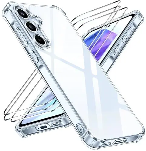 Produktbild: iVoler Nie Vergilbung Klar Hülle für Samsung Galaxy A55 5G mit Stoßfest Schutzecken, 1 Handyhülle mit 3 Stück Panzer Schutz Glas, (Militärischer Schutz) Transparent Schutzhülle Dünn Durchsichtige Case