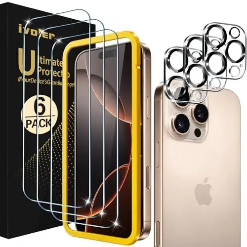 Produktbild: ivoler 3+3 Stück Panzer Schutz Glas für iPhone 16 Pro, 3 Stücke Schutzfolie Mit 3 Stück Kameraschutz und Positionierhilfe, 9H Härte, HD Klar, Anti-Kratz, Anti-Bläschen