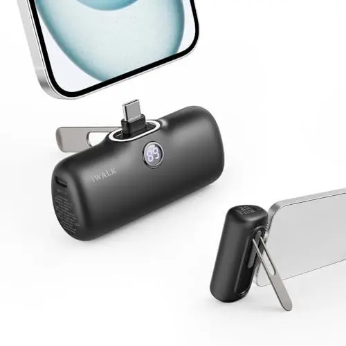 Produktbild: iWALK Powerbank USB-C 5000mAh, 20W Schnellladung Tragbares Power Bank mit Ständer, Klein Externer Akku，LCD Display，Kompatibel mit iPhone 15 Plus/15 Pro/15 Pro Max, Samsung,Schwarz