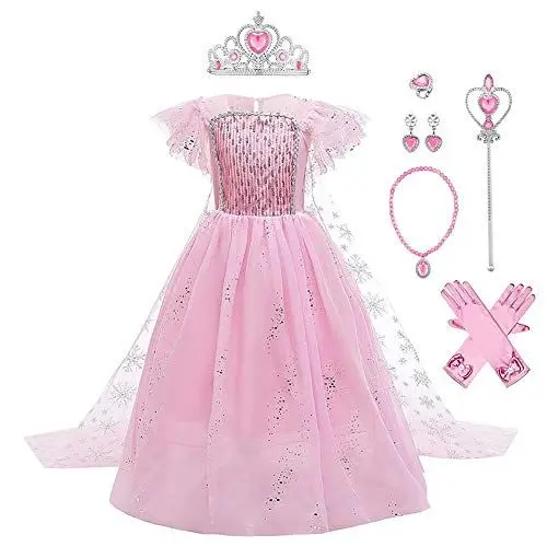 Produktbild: IWEMEK 7tlg Mädchen Eiskönigin ELSA Kostüm Schneekönigin Prinzessin Kleid mit Umhang + Zubehör Weihnachten Halloween Fest Karneval Fasching Verkleidung Party Kostüme Outfits Kinder Rosa Set 5-6J