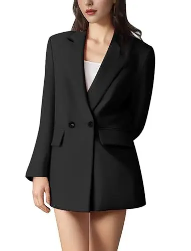 Produktbild: IWEMEK Blazer Damen Elegant Doppelreihiger Business Bürojacke Elegant mit Taschen, Minimalismus Blazer für Homeoffice Meetings, Klimafreundliche Bürokleidung Schwarz M