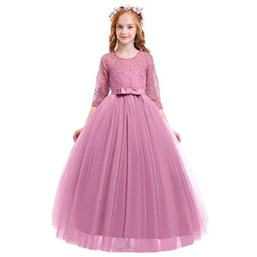 Produktbild: IWEMEK Brautjungfer Kleider für Mädchen Blumenmädchen Hochzeitskleid 3/4 Arm Spitzenkleid Tüllkleid Prinzessin Festzug Erste Kommunionskleider Weihnachten Abendkleid Partykleid 16 Altrosa 5-6