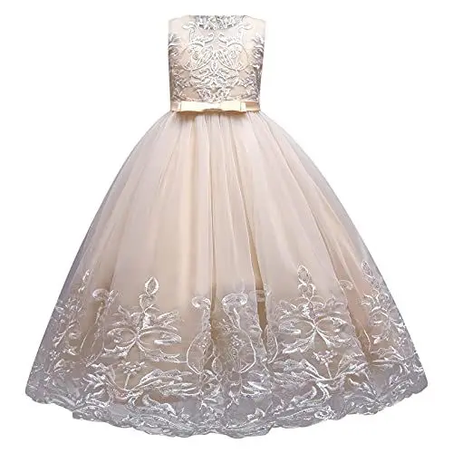 Produktbild: IWEMEK Brautjungfer Kleider für Mädchen Blumenmädchen Hochzeitskleid Ärmellose Applikation Spitze Tüllkleid Prinzessin Abendkleid Kommunionskleider Weihnachten Karneval Partykleid #A: Champagner 5-6