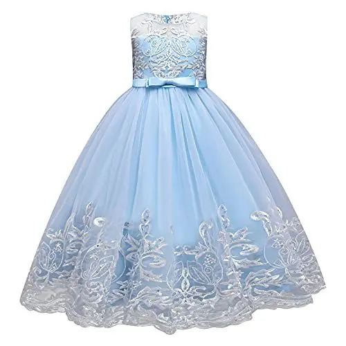 Produktbild: IWEMEK Brautjungfer Kleider für Mädchen Blumenmädchen Hochzeitskleid Ärmellose Applikation Spitze Tüllkleid Prinzessin Abendkleid Kommunionskleider Weihnachten Karneval Partykleid #A: Hellblau 9-10