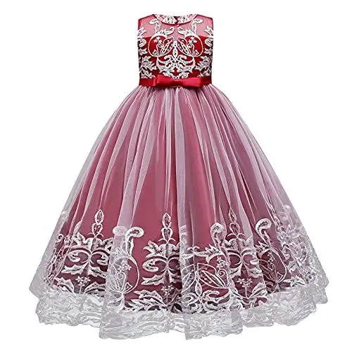 Produktbild: IWEMEK Brautjungfer Kleider für Mädchen Blumenmädchen Hochzeitskleid Ärmellose Applikation Spitze Tüllkleid Prinzessin Abendkleid Kommunionskleider Weihnachten Karneval Partykleid #A: Rot 4-5