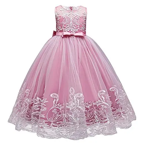 Produktbild: IWEMEK Brautjungfer Kleider für Mädchen Blumenmädchen Hochzeitskleid Ärmellose Applikation Spitze Tüllkleid Prinzessin Abendkleid Kommunionskleider Weihnachten Karneval Partykleid #A: Rosa 5-6