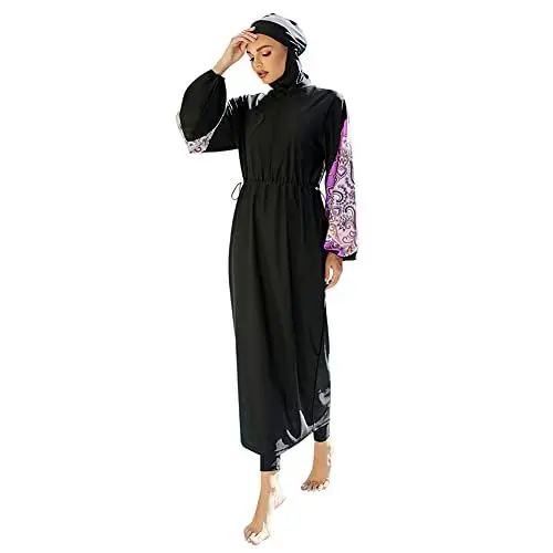 Produktbild: IWEMEK Burkini Damen Muslim Ganzkörper Badeanzüge Langarm Schwimmkleid + Bade Leggings Schwimmhose + Hijab 3tlg Sonnenschutz Bademode Islamische Schwimmanzug Arabisch Badebekleidung Schwarz 11 L