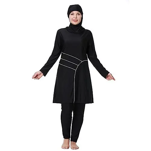 Produktbild: IWEMEK Burkini Damen Muslim Große Größen 3tlg Set Rash Guard Langarm Ganzkörper Schwimmanzug Schwimmkleid + Schwimmhose + Hijab Badeanzug Islamische Schwimmkleidung UV Schutz Schwarz 02 3XL