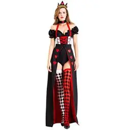 Produktbild: IWEMEK Damen Rote Herzkönigin Kostüm Halloween Karneval Kostüm Märchen Cosplay Alice Dressing Up Prinzessin Kleid mit Krone Strümpfe Zubehör Festzug Party Outfits Schwarz Set M