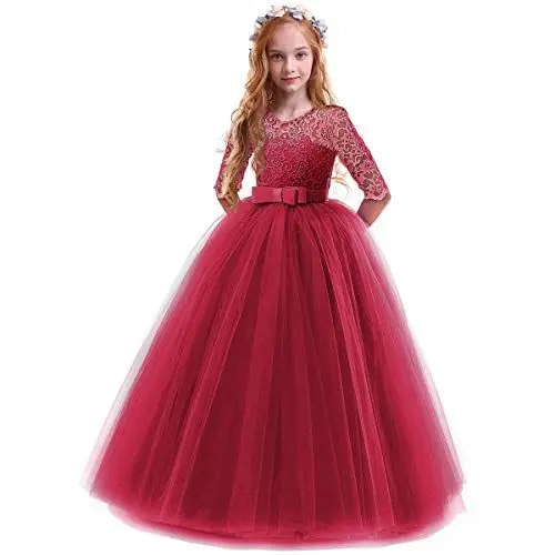 Produktbild: IWEMEK Elegant Brautjungfer Kleider für Mädchen Blumenmädchen Hochzeitskleid 3/4 Arm Spitzenkleid Tüllkleid Prinzessin Festzug Erste Kommunionskleider Weihnachten Karneval Abendkleid Partykleid 11-12