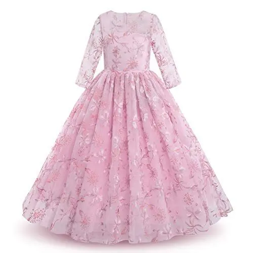 Produktbild: IWEMEK Mädchen Abendkleid 3/4 Ärmel Stickerei Blumen Maxi Tüllkleid Kinder Ballkleid Blumenmädchen Brautkleid Hochzeitskleider Lange Prinzessin Kleid Festlich Festzug Partykleid Bohnenrosa 7-8 Jahre