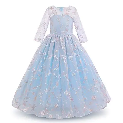 Produktbild: IWEMEK Mädchen Abendkleid 3/4 Ärmel Stickerei Blumen Maxi Tüllkleid Kinder Ballkleid Blumenmädchen Brautkleid Hochzeitskleider Lange Prinzessin Kleid Festlich Festzug Partykleid Hellblau 7-8 Jahre