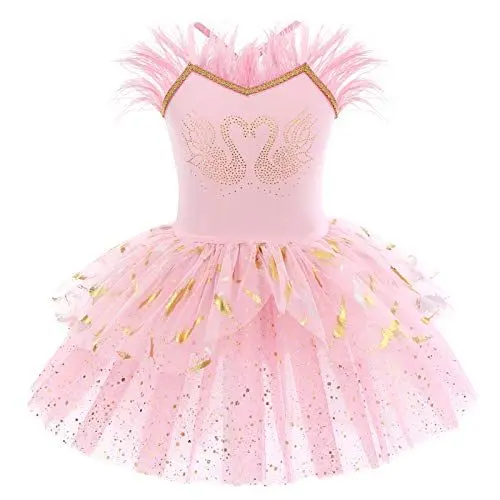 Produktbild: IWEMEK Mädchen Ballettkleid Ärmellos Pailletten Schwan Rückenfrei Balletttrikot Ballettanzug Kinder Tanzkleid Federn Rüschen Tütü Rock Gymnastik Ballerina Tanzbekleidung Rosa + Feder 9-10 Jahre