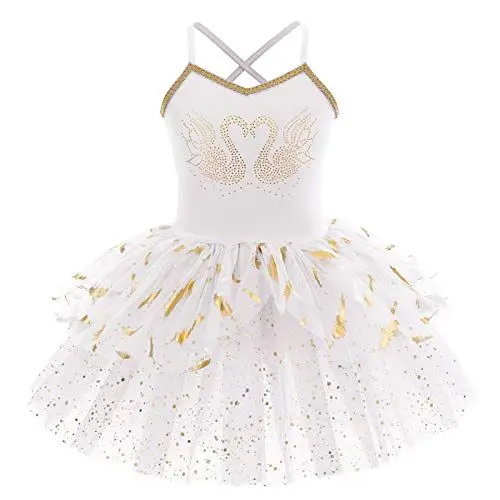 Produktbild: IWEMEK Mädchen Ballettkleid Ärmellos Pailletten Schwan Rückenfrei Balletttrikot Ballettanzug Kinder Tanzkleid Tanzbody Federn Rüschen Tütü Rock Gymnastik Ballerina Tanzbekleidung Weiß 9-10 Jahre