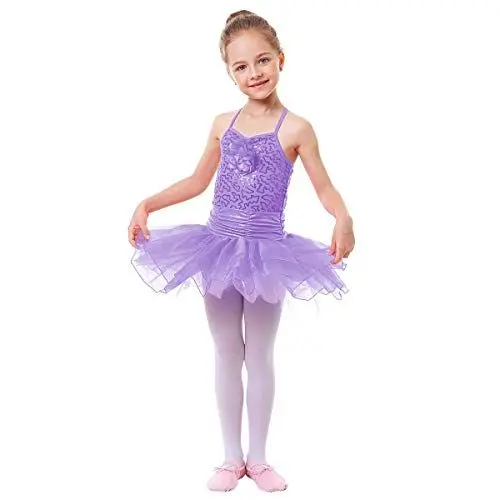 Produktbild: IWEMEK Mädchen Ballettkleid Ballettanzug Kinder Ballett Trikot Gymnastikanzug Ballet Tutu Tanz Leotard Spaghetti Träger Tuananzug Ärmellos Dancewear Oberteil mit Paillette Violett 3-4 Jahre