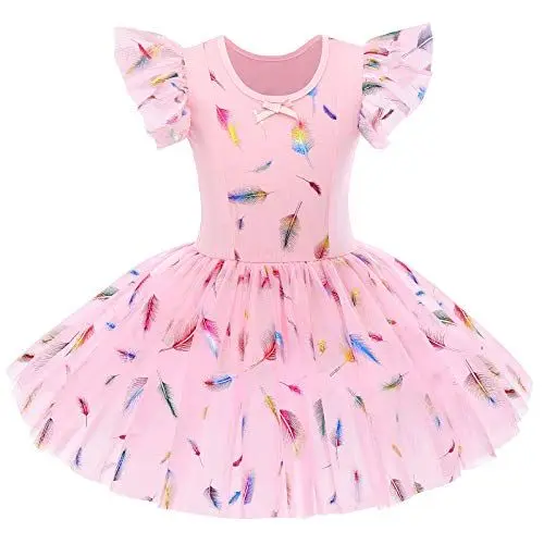 Produktbild: IWEMEK Mädchen Ballettkleid Rüschenärmel Ballett Tanzkleid Glänzend Feder Trikot Tutu Rock Balletttrikot Ballettanzug Gymnastik Ballerina Tanzbekleidung Kinder Ballettkleidung Rosa Feder 3-4 Jahre