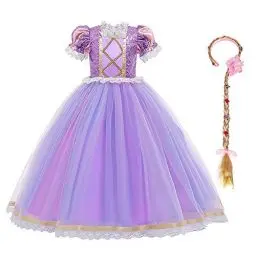 Produktbild: IWEMEK Mädchen Cosplay Kleid Rapunzel Prinzessin Kostüm + Stirnband Kinder Grimms Märchen Halloween Karneval Partykleid Geburtstag Faschingskostüm Festkleid Fancy Dress Up Violett 06 Set 6-7 Jahre