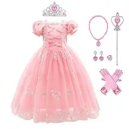 Produktbild: IWEMEK Mädchen Rapunzel Kostüm Prinzessin Kleid Puffärmel Lange Maxi Tüllkleid + Zubehör Märchen Halloween Karneval Kostüme Weihnachten Festkleid Verkleidung Party Outfits #I: Rapunzel Set 9-10 Jahre