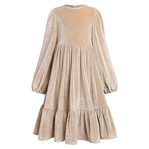 Produktbild: Kinder Samtkleid Blumenm?dchen Langes Abendkleider M?dchen Weihnachtskleid Weihnachten Partykleid Roundhals A-Linie Festliches Festkleid Hochzeit Brautjungfern Freizeit Herbstkleid Aprikose 7-8J