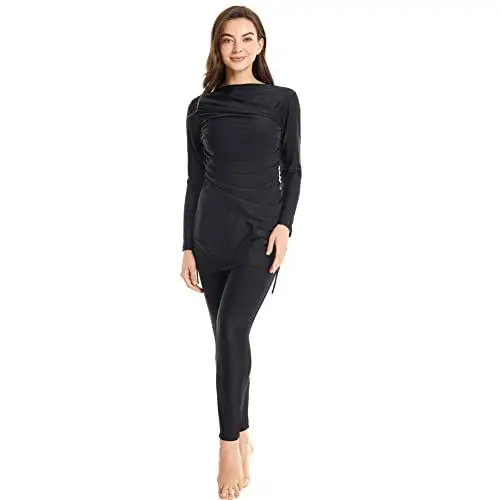 Produktbild: IWEMEK Muslimische Badeanzug Damen Modest Burkini Lang Bademode 3 Stück Ganzkörper Langarm Islamische Arabische UV Schutz Beachwear Surfen Anzug Top + Hose + Hijab Schwimmhaube Schwarz 2XL