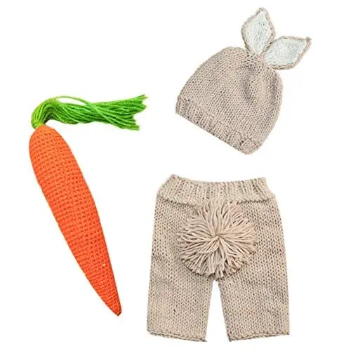 Produktbild: IWEMEK Neugeborenes Baby Fotografie Zubehör Foto Requisiten Jungen Mädchen Häschenkostüm Stricken Hasenohren Hut Shorts Karotte Shooting outfit Kaninchen Baby Born Kleidung Khaki Hase 02 Set 0-3M