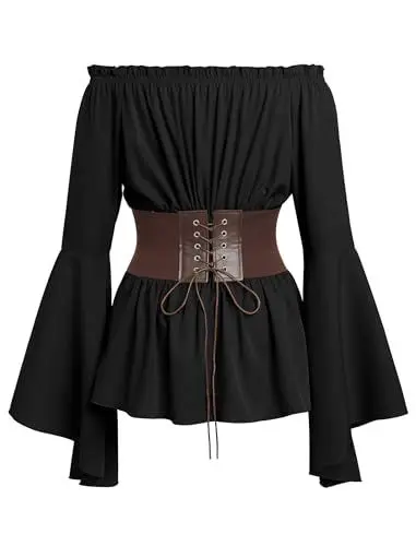 Produktbild: IWEMEK Piratenhemd Damen Renaissance Viktorianische Bauern Rüschen gesmokte Taille Boho Pirat Hemd Bluse mit Gürtel Piratin Kostüm Mittelalter Piratenkostüm Off Shoulder Kurz Gothic Kleid schwarz L