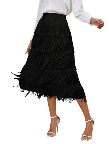Produktbild: IWEMEK Rock mit Fransen Lang Damen Fransenrock Festival Röcke für Damen Sommer Herbst A-Linie Faltenrock Elastische Hohe Taille Midi-Rock Elegant Skirt Midirock für Party Club Tanz Schwarz 均码