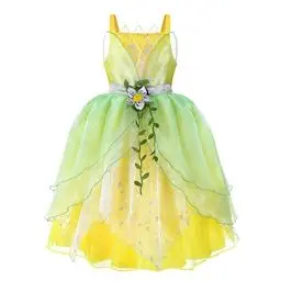 Produktbild: IWEMEK Tiana Kleid für Mädchen Prinzessin und Frosch Kostüm Karneval Halloween ärmelloses langes Tüllkleid Märchen Cosplay Weihnachten Geburtstag Festzug Party Kleider Hellgrün 8-9 Jahre