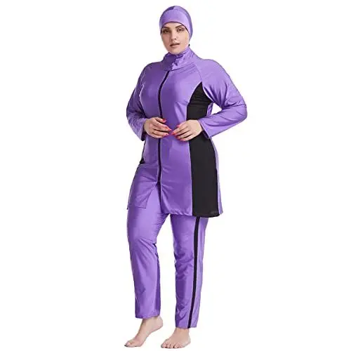 Produktbild: IWEMEK Übergröße Islamische Muslimische Badeanzug Damen Langarm Schwimmkleid Oberteile + Schwimmhose + Schwimm Hijab Badekappe 3tlg Ganzkörper-Badeanzüge Sonnenschutz Bademode Violett XXL