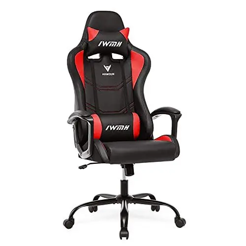 Produktbild: IWMH Gaming Stuhl, Ergonomischer Computerstuhl mit Hoher Rücklehne, Höhenverstellbarer Drehstuhl, Racing Stuhl mit Armlehnen, Verstellbarer Kopfstütze und Lendenstütze (Rot)