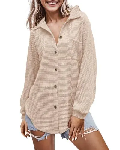Produktbild: IWOLLENCE Damen Button Down Oversize Strickjacke Waffelstrick Übergröße Shirt für Damen (Aprikose, L)