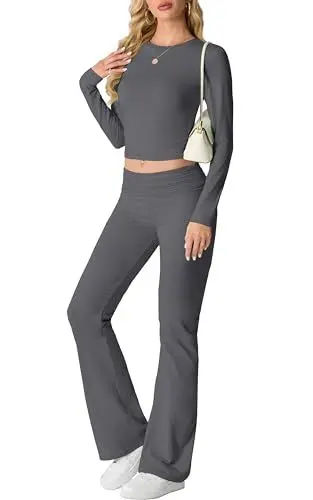 Produktbild: IWOLLENCE Hausanzug Damen Jogginganzug Set Lounge Set 2 Teiler Sportanzug Damen Y2K Outfit Homewear mit Crop Top und Schlaghosen (Dunkelgrau, L)