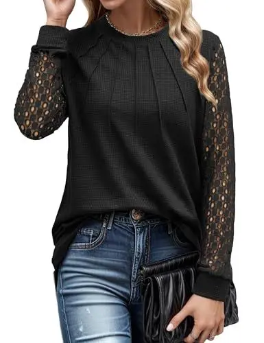 Produktbild: IWOLLENCE T-Shirt Damen Tunika Festliche Oberteile zur Hochzeit Bluse Elegant Spitzen Party Oberteil Festliche Blusen (Schwarz, L)