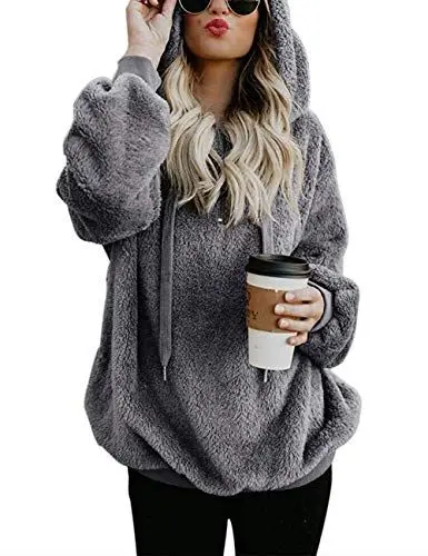 Produktbild: iWoo Hoodie Pullover Teddyfleece Jacke Damen Winter Lose Warm Kapuzenpullover Baumwolle Einfarbig Fleecejacke(Dunkelgrau,XXL)