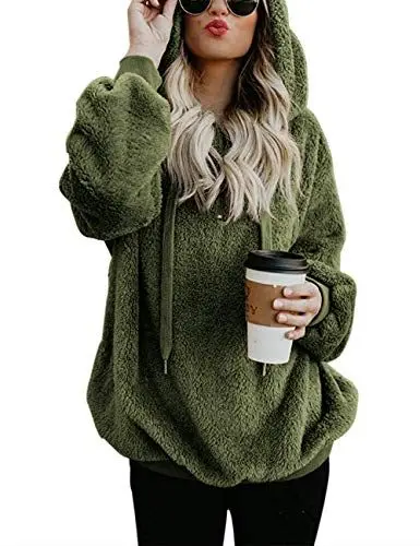 Produktbild: iWoo Pullover Damen Hoodie Kapuzenpullover Mit Kapuze Hohe Qualität Teddy-Fleece Mantel Elegant Teddyjacke Damen(Armee Grün,M)