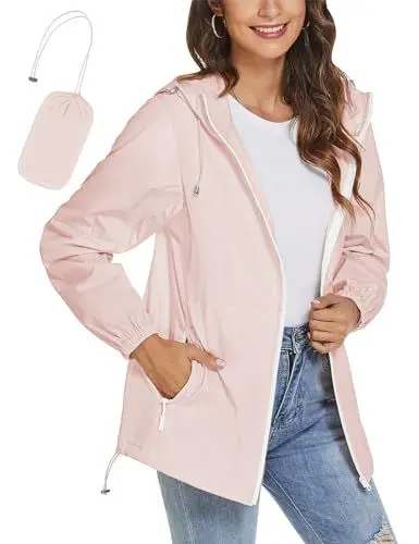 Produktbild: iWoo Regenjacke Damen Wasserdicht Atmungsaktiv Funktionsjacke Leicht Regenmantel Dünne Outdoorjacke Sport Übergangsjacke, Rosa M