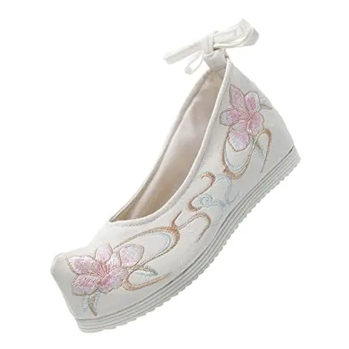 Produktbild: IWOWHERO 1 Paar Bestickte Schuhe Sandalen Chinesisches Neujahr Kostüm Wedge Bootie Embroidered Flache Schuhe Hausschuhe Hausschuhe Keilsandale Cheongsam-schuhe Weiß Cosplay Segeltuch Braut